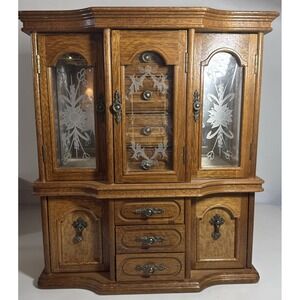 Vintage Wooden Floral Etched Glass Scallop Edge Jewelry Armoire Cabinet 🪞🌸💍